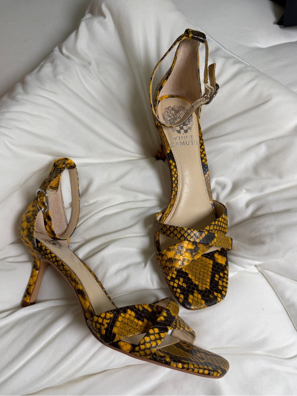 Vince Camuto Yellow Snake-Print Ankle-Strap Heels
